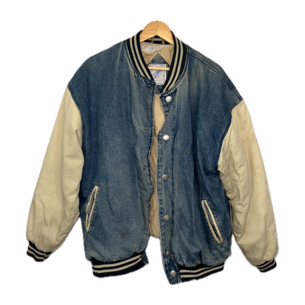 Denim varsity bomber jacket